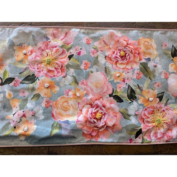 Nicole Miller Watercolor Embellished Roses Spring Florals 72" Table Runner - Picture 8 of 11